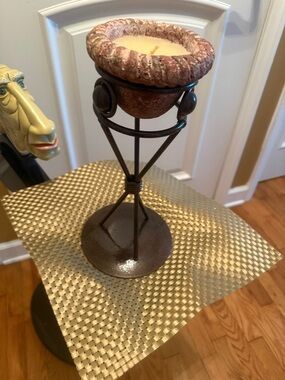 Rustic Metal Candle Holder with Brown Stone Bowl  (NWT)